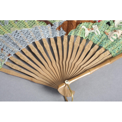 89 - Ann Collier: The Hunt, a large bobbin and needle lace fan mounted on pale wood, the guards, in bambo... 