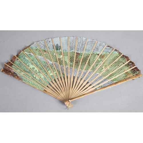 89 - Ann Collier: The Hunt, a large bobbin and needle lace fan mounted on pale wood, the guards, in bambo... 