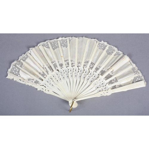 92 - Ann Collier: a bone fan, the monture carved, shaped and pierced, the cream leaf comprising cream sil... 