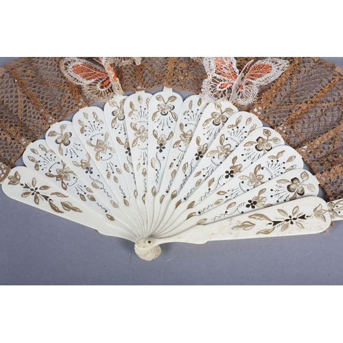 93 - Ann Collier: a bobbin lace fan leaf featuring five 3-dimensional butterflies, on a c 1860’s monture,... 