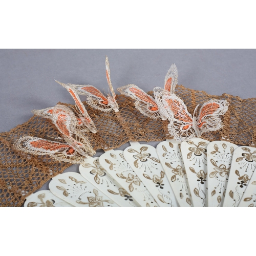 93 - Ann Collier: a bobbin lace fan leaf featuring five 3-dimensional butterflies, on a c 1860’s monture,... 