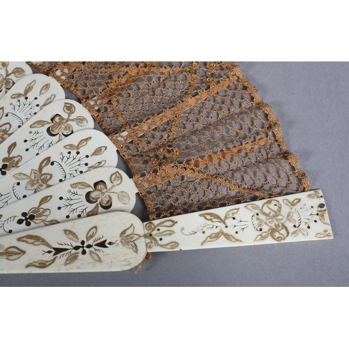 93 - Ann Collier: a bobbin lace fan leaf featuring five 3-dimensional butterflies, on a c 1860’s monture,... 