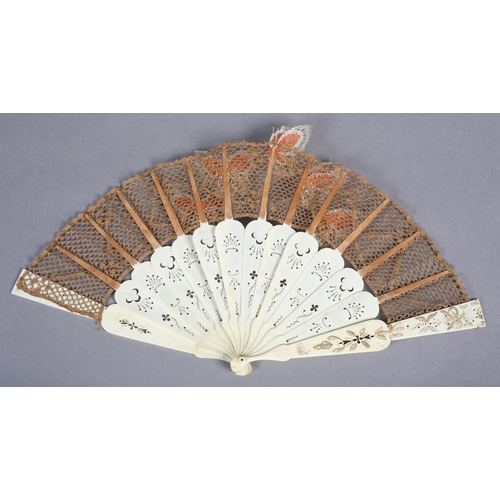 93 - Ann Collier: a bobbin lace fan leaf featuring five 3-dimensional butterflies, on a c 1860’s monture,... 