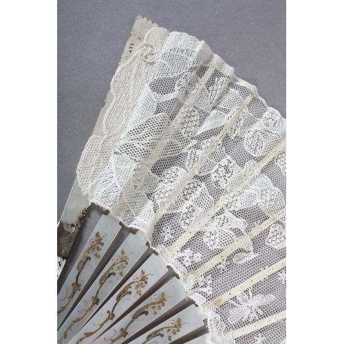 98 - Ann Collier: a fan of needle run lace, in white, the design of foxgloves and dandelions, attracting ... 