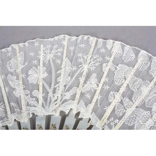 98 - Ann Collier: a fan of needle run lace, in white, the design of foxgloves and dandelions, attracting ... 