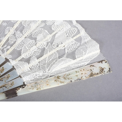 98 - Ann Collier: a fan of needle run lace, in white, the design of foxgloves and dandelions, attracting ... 