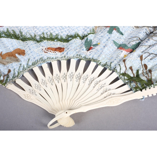 101 - Ann Collier: “The Duck Shoot”, a large, mixed lace fan, the monture of incised and shaped bone, the ... 