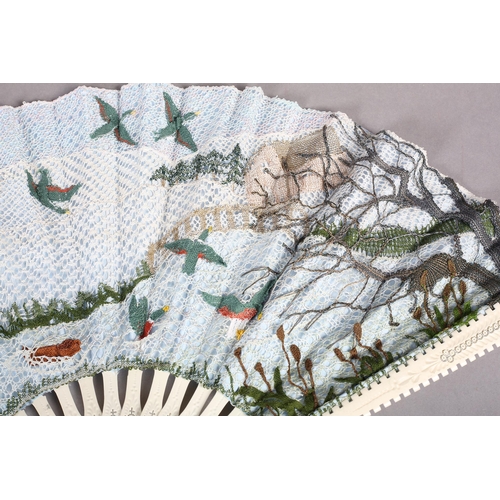 101 - Ann Collier: “The Duck Shoot”, a large, mixed lace fan, the monture of incised and shaped bone, the ... 