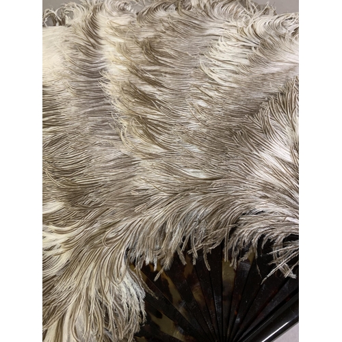 114 - A late 19th century female ostrich feather fan, a good mix of white and brown feathers, the monture ... 