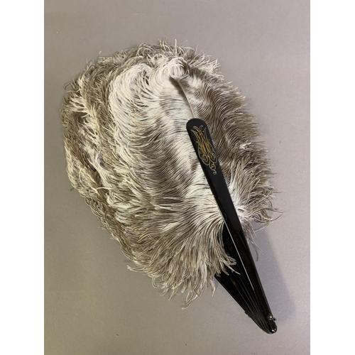 114 - A late 19th century female ostrich feather fan, a good mix of white and brown feathers, the monture ... 