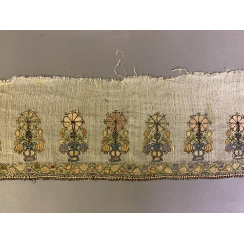 312 - Ottoman: Five fine embroideries, being two towels, two towel ends, and one scarf, the first embroide... 