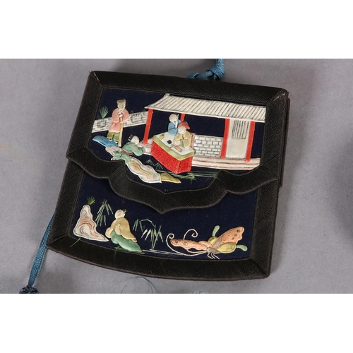 337B - Chinese embroidery Qing dynasty: a small heart-shaped purse with draw string fastening, dark blue si... 