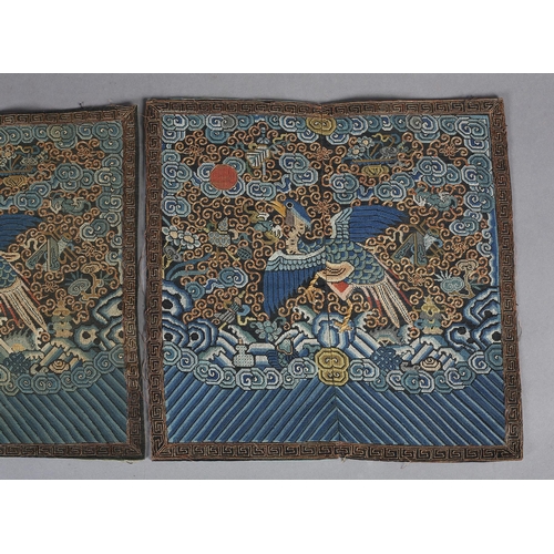 344 - Chinese civilian Rank Badges, a pair, woven in shades of blue, the bird with outstretched wings and ... 