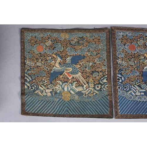 344 - Chinese civilian Rank Badges, a pair, woven in shades of blue, the bird with outstretched wings and ... 