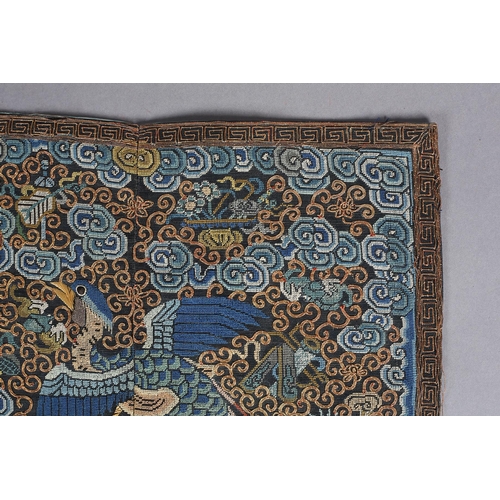 344 - Chinese civilian Rank Badges, a pair, woven in shades of blue, the bird with outstretched wings and ... 