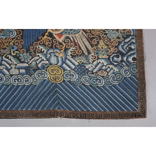 344 - Chinese civilian Rank Badges, a pair, woven in shades of blue, the bird with outstretched wings and ... 