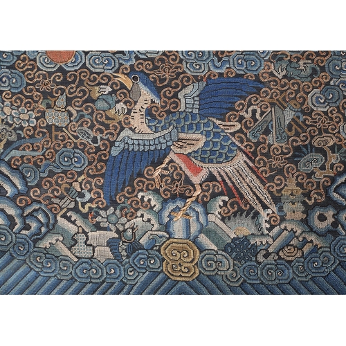 344 - Chinese civilian Rank Badges, a pair, woven in shades of blue, the bird with outstretched wings and ... 