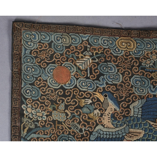 344 - Chinese civilian Rank Badges, a pair, woven in shades of blue, the bird with outstretched wings and ... 