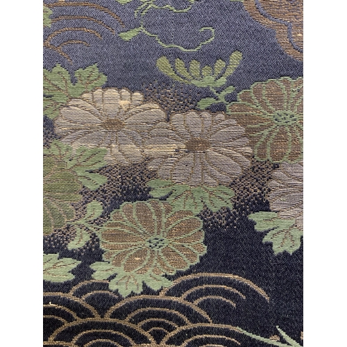 292 - Two Japanese silk obi circa 1920’s, the first, in shades of turquoise and pale blue, woven with colo... 