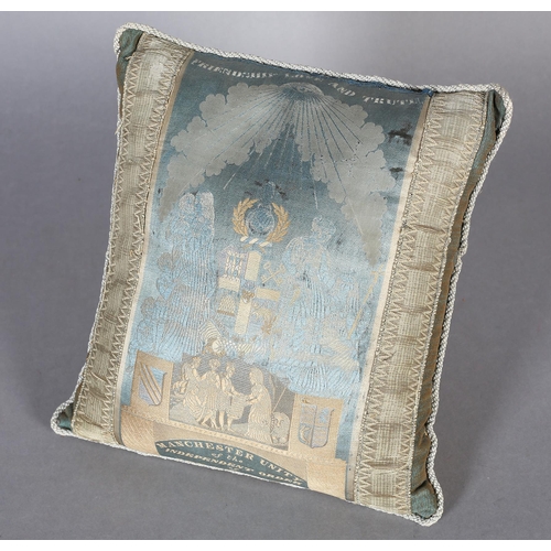 210 - A 19th century woven silk cushion, small, pale turquoise and gold,  bearing the symbols and blazon o... 