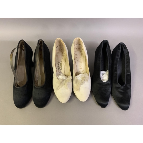 280 - Three pairs of shoes, 1920’s/30’s, all slip on and strapless: two pairs in black satin, marked on th... 