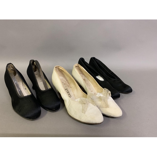 280 - Three pairs of shoes, 1920’s/30’s, all slip on and strapless: two pairs in black satin, marked on th... 