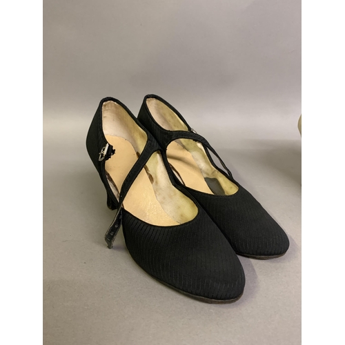 278 - Three pairs of 20th century shoes: the first pair, in black fabric with a light asymmetrical stripe,... 