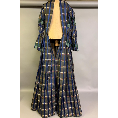 217 - A tartan silk dress c 1850’s, long pagoda sleeves, gathered and shaped, lined in cream glazed cotton... 