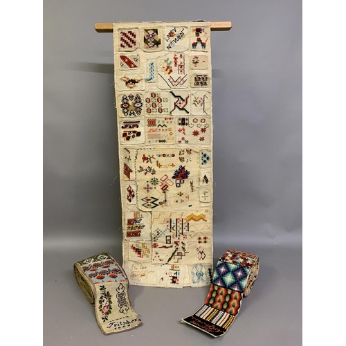 180 - Three mid-19th century spot samplers in different forms: the first a selection of wool work motifs, ... 