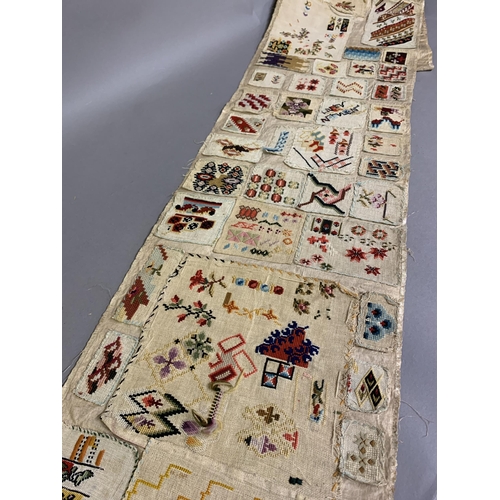 180 - Three mid-19th century spot samplers in different forms: the first a selection of wool work motifs, ... 