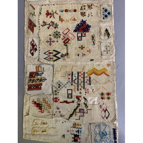 180 - Three mid-19th century spot samplers in different forms: the first a selection of wool work motifs, ... 