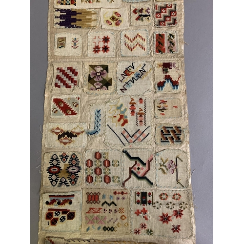 180 - Three mid-19th century spot samplers in different forms: the first a selection of wool work motifs, ... 