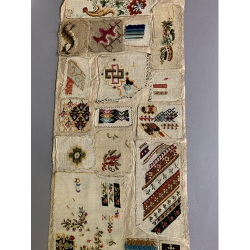 180 - Three mid-19th century spot samplers in different forms: the first a selection of wool work motifs, ... 