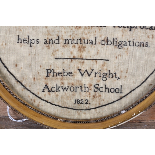 159 - Ackworth School: an oval Extract needlework sampler worked in monochrome by Phoebe Wright, 1822, wit... 