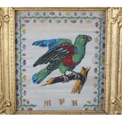 162 - A good 19th century beadwork picture of a colourful parrot perched on a bough, making as if to take ... 