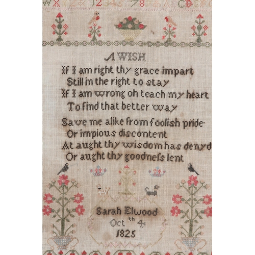 165 - A 19th century needlework sampler, attributed to Sarah Elwood, October 4th 1825, with text entitled ... 