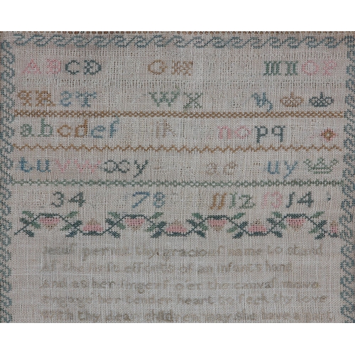 166 - A 19th century needlework sampler undated, worked in silks with bands of the alphabet and numbers, a... 