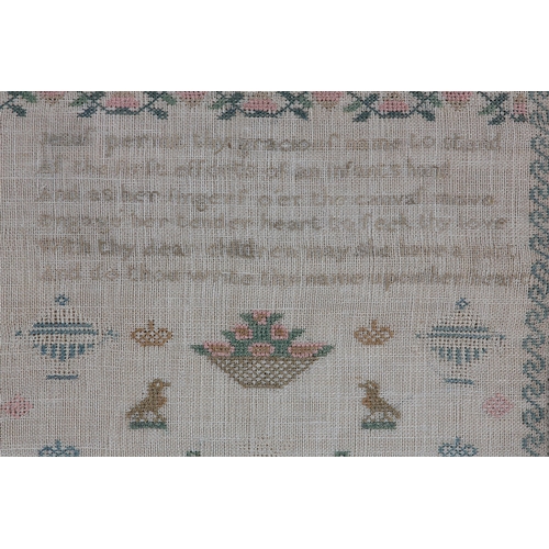 166 - A 19th century needlework sampler undated, worked in silks with bands of the alphabet and numbers, a... 