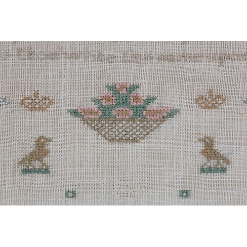 166 - A 19th century needlework sampler undated, worked in silks with bands of the alphabet and numbers, a... 