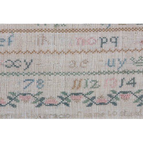 166 - A 19th century needlework sampler undated, worked in silks with bands of the alphabet and numbers, a... 