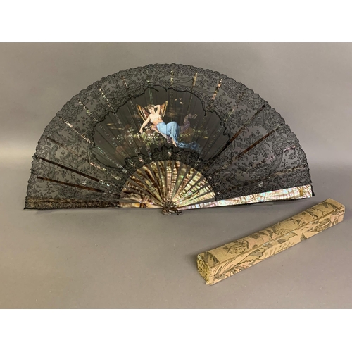 43B - Three 19th century fans, the first a c 1890’s large lace fan with painted gauze panel, the monture o... 