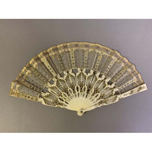 43B - Three 19th century fans, the first a c 1890’s large lace fan with painted gauze panel, the monture o... 