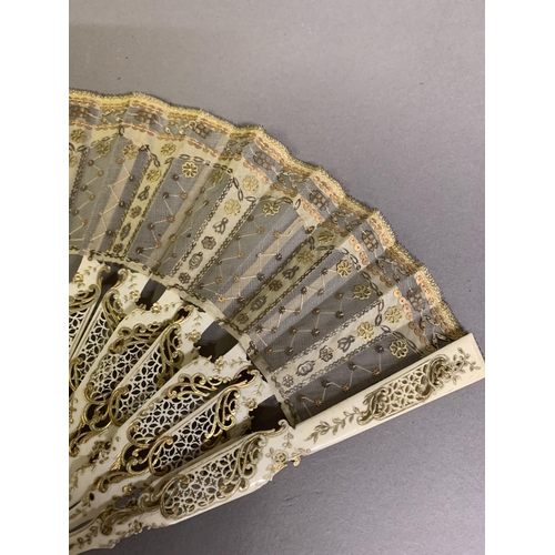 43B - Three 19th century fans, the first a c 1890’s large lace fan with painted gauze panel, the monture o... 