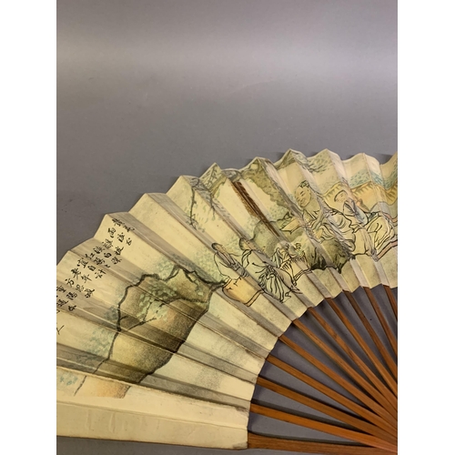 140 - Four Chinese folding fans, 18th/19th century, Qing Dynasty, the first with wood sticks painted red, ... 