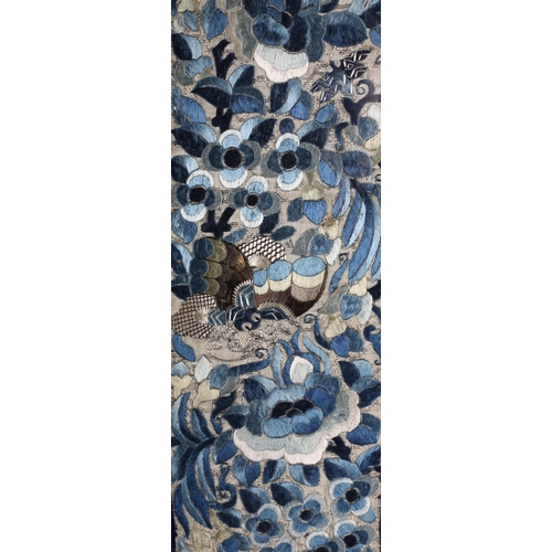 332 - Chinese silk embroidered sleeve bands, 19th century, Qing Dynasty, densely worked in shades of blue,... 