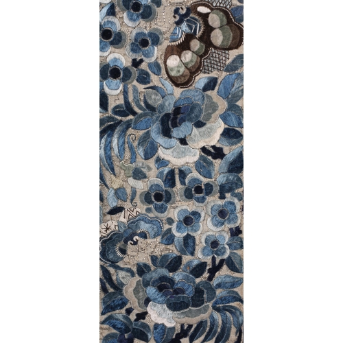 332 - Chinese silk embroidered sleeve bands, 19th century, Qing Dynasty, densely worked in shades of blue,... 