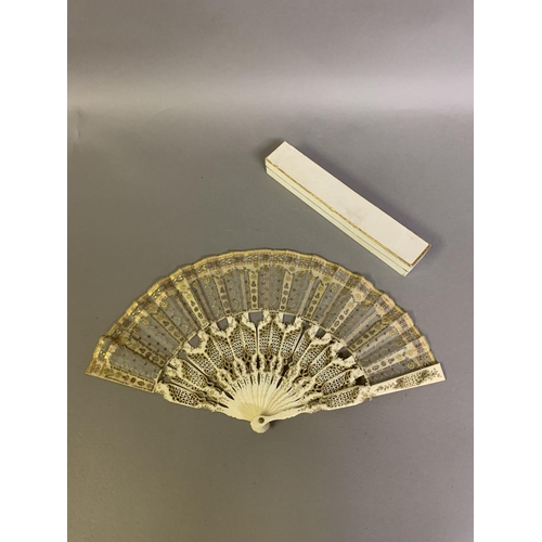 43B - Three 19th century fans, the first a c 1890’s large lace fan with painted gauze panel, the monture o... 