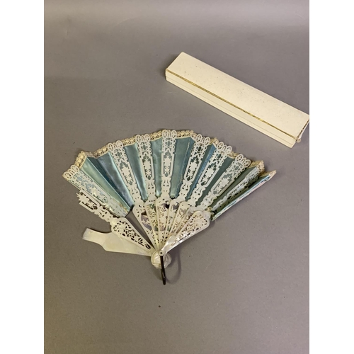 43B - Three 19th century fans, the first a c 1890’s large lace fan with painted gauze panel, the monture o... 