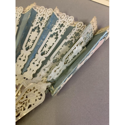 43B - Three 19th century fans, the first a c 1890’s large lace fan with painted gauze panel, the monture o... 