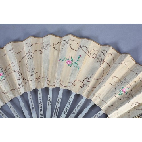 3 - An 18th century French fan c 1775, with straw applied to the silk leaf, forming flowers, painted wit... 